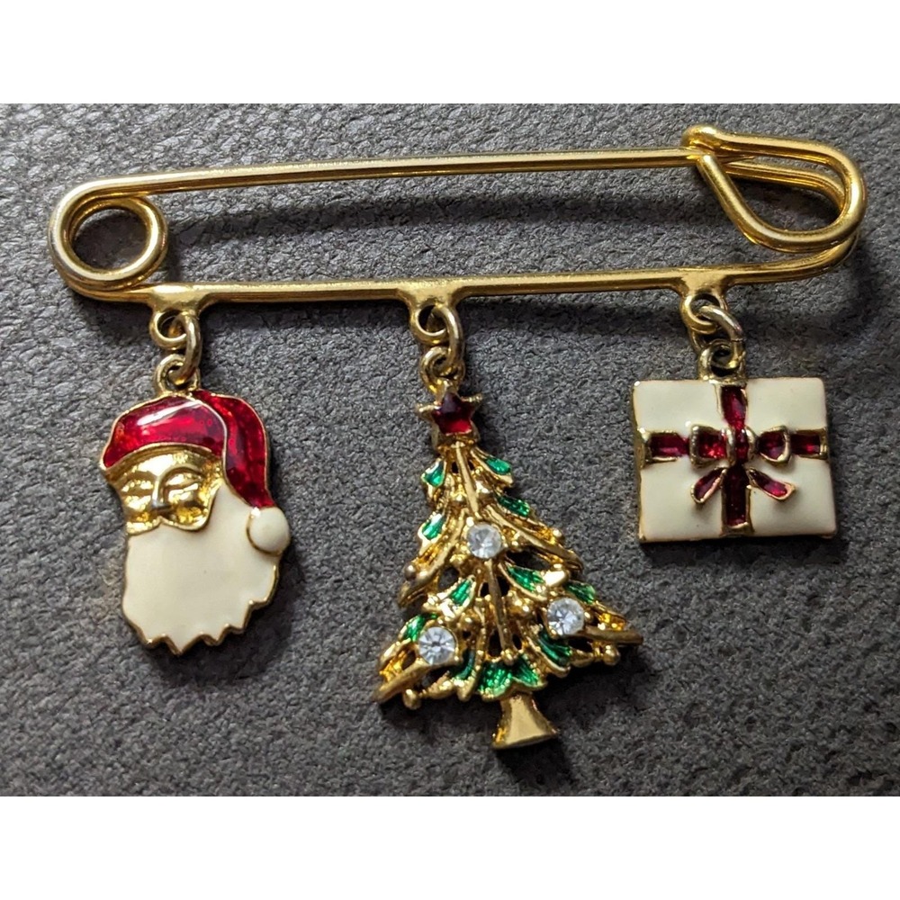 Vtg Christmas Brooch Safety Pin Gold Tone Santa, Tree, Gift Dangle Avon 1W‎
